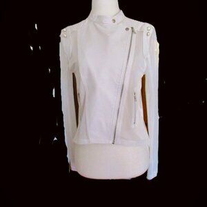 Size S WHITE FAUX LEATHER Zipper Jacket Nylon Sleeves & Back Pearl Trimmings
